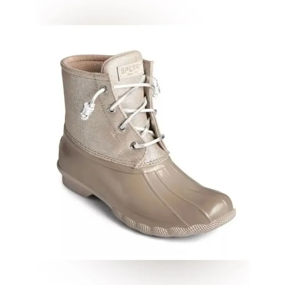 Sperry Women's Saltwater duck boots. Tan.Glitter canvas upper. Sz 7.5. NWT